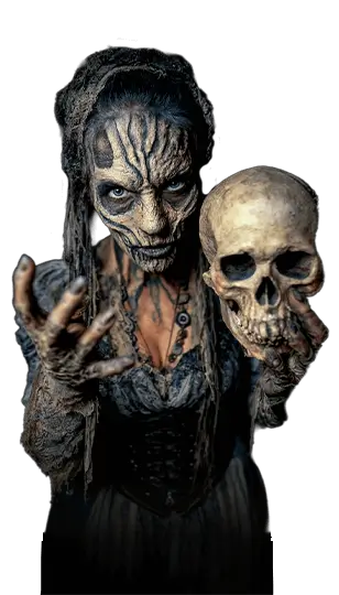 Skeleton Witch Character – Haunted Web Female skeleton actor with skull prop
