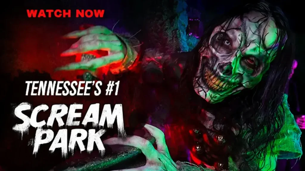 Skull-masked ghoul lunges through red-green fog beside bold text “Tennessee’s #1 Scream Park – Watch Now,” promoting Haunted Web trailer.