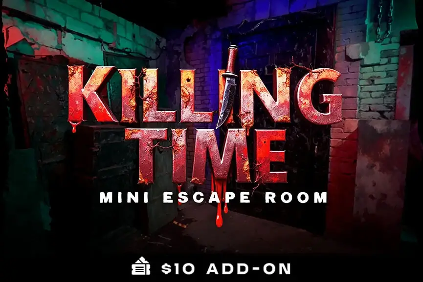Rust‑stained knife pierces the “Killing Time” logo inside a gritty Memphis mini escape room at Haunted Web Scream Park.