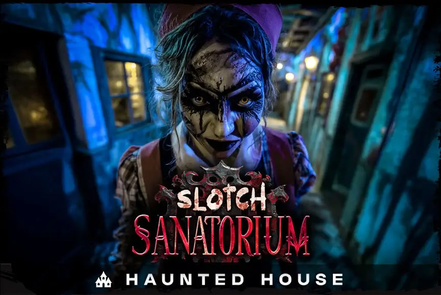 Sinister nurse at Sloth Sanatorium haunted house
