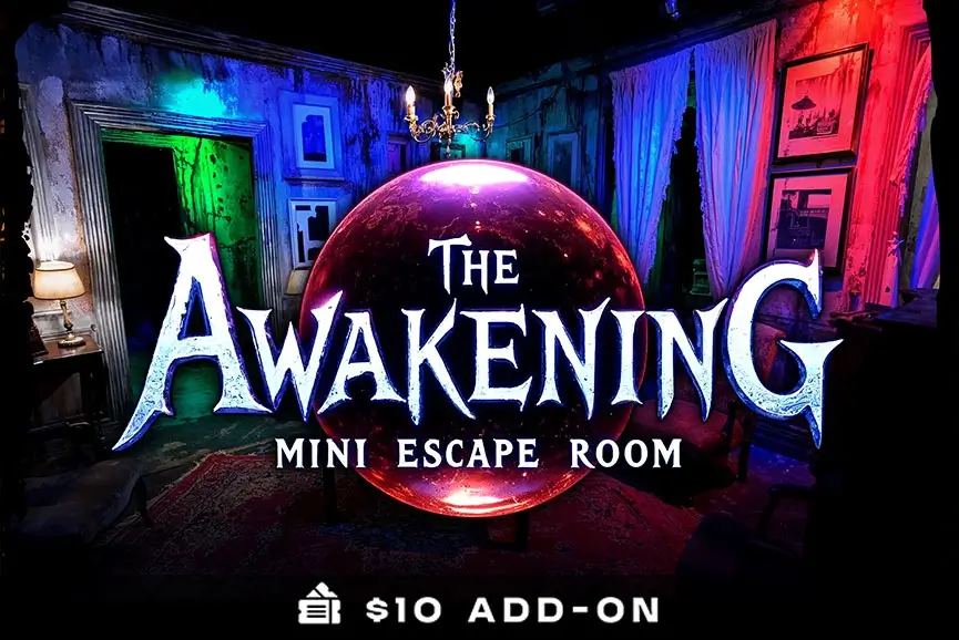 Glowing crystal ball anchors “The Awakening” mini escape room scene at Haunted Web Scream Park, Memphis.
